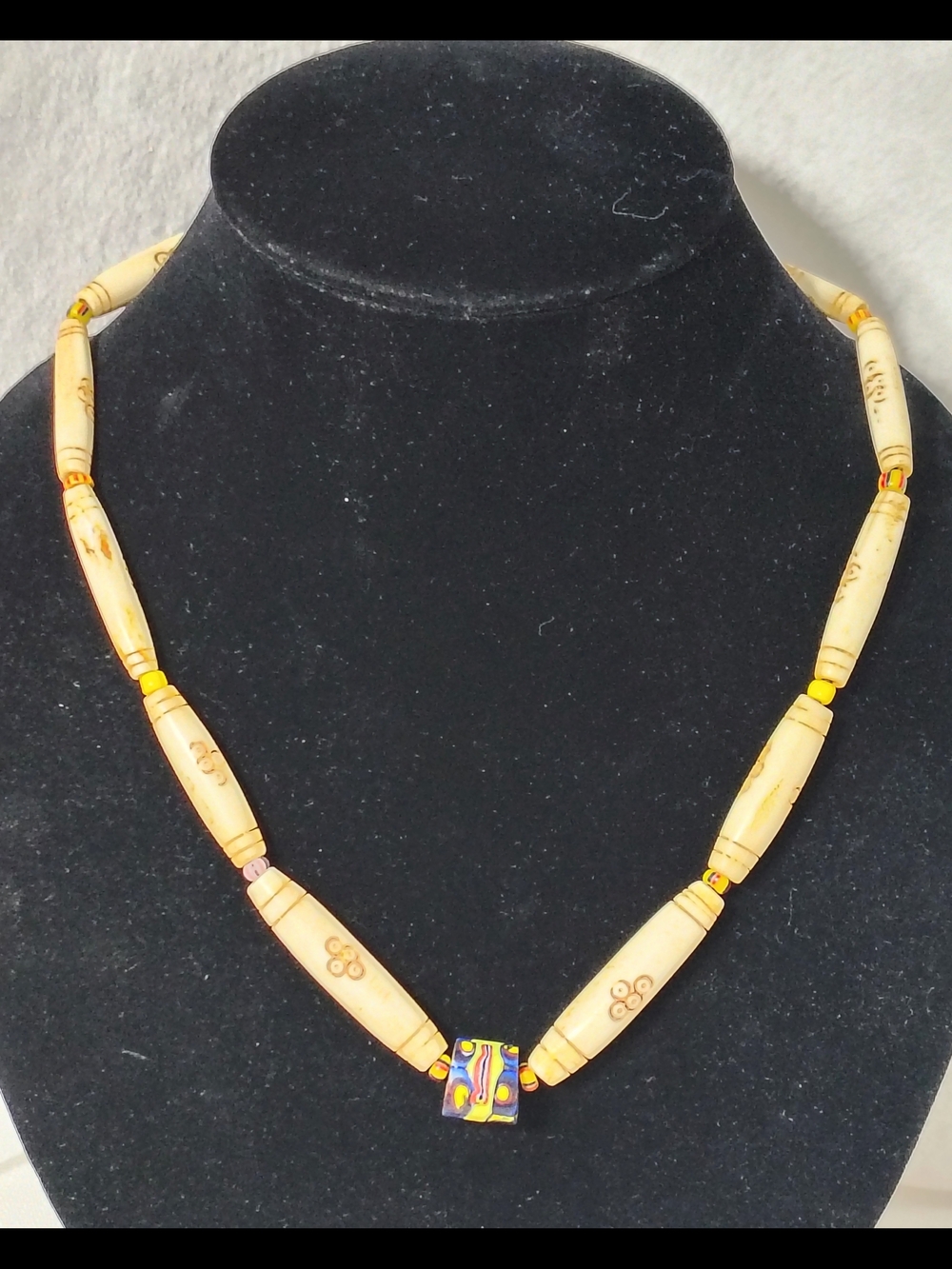 Vintage Etched Bone & Trade Bead Necklace 19"